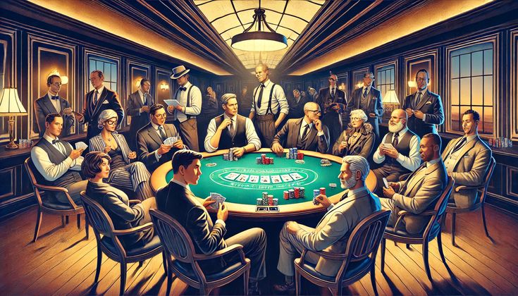 This may contain: a group of men sitting around a blackjack table in a casino room with cards on it